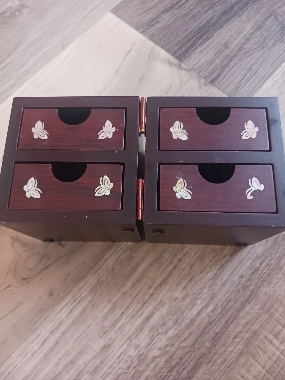Korean Octagonal Floral Inlay Wooden Jewelry Box W/ Cranes